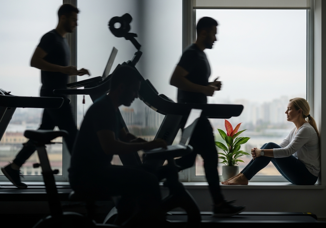 A person sitting quietly by a window, looking contentedly at a single potted plant, while in the background, shadowy figures furiously work on laptops and run on treadmills.