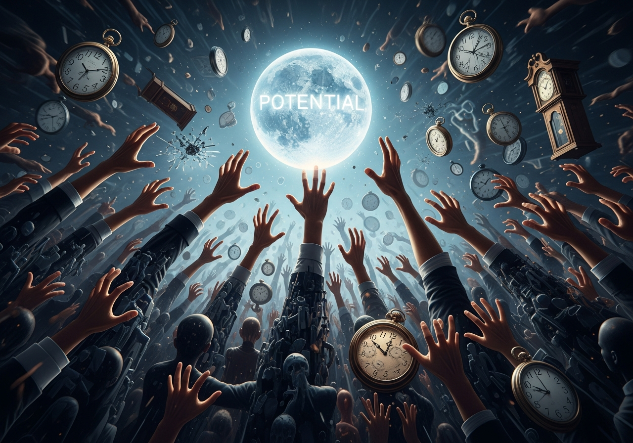 A chaotic abstract artwork featuring fragmented human figures, clocks ticking wildly, and hands reaching out towards an unreachable, shimmering orb labeled "Potential."