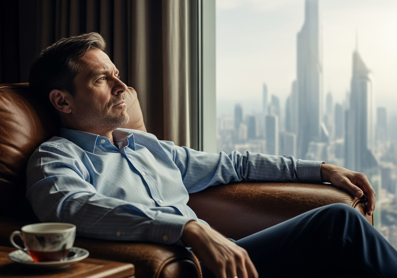 A man with a thoughtful, slightly cynical expression, leaning back in a worn armchair, a half-empty teacup on a table beside him, looking out a window at a slightly blurry, futuristic city skyline.