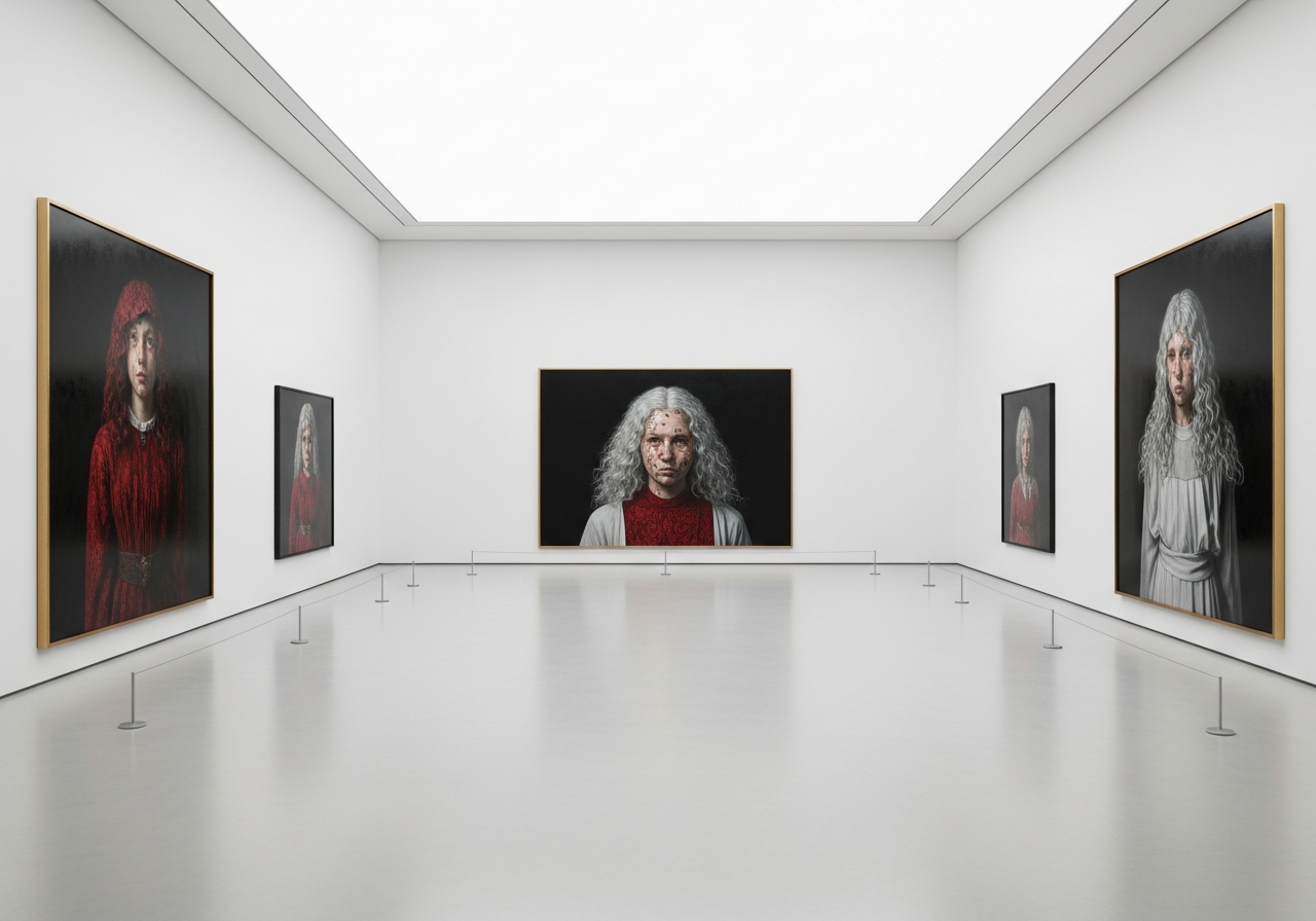 A digital art gallery space, devoid of people. On the walls, large, hyper-realistic paintings are displayed, but upon closer inspection, they are rendered with a strange, sterile perfection, lacking any human touch or imperfection. The light is cold, almost surgical.
