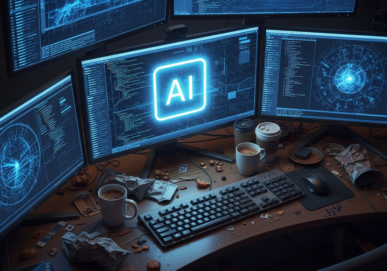 A chaotic desk scene. Multiple monitors display lines of code and digital art interfaces. Empty coffee cups, crumpled snack wrappers, and a worn-out keyboard are scattered around, suggesting a long night of human effort and creative struggle. A single, glowing AI icon hovers mockingly on one screen.