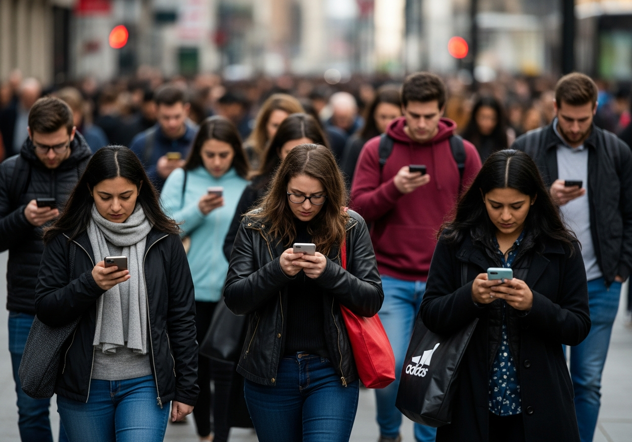 A crowded city street where everyone is engrossed in their smartphones, heads down, a sense of disconnect despite physical proximity.