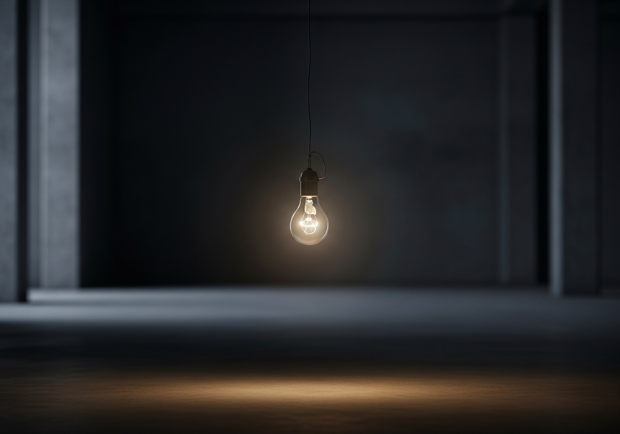 A single lightbulb dimly illuminating a vast, empty room, symbolizing the potential for a single idea in a space of quiet contemplation.