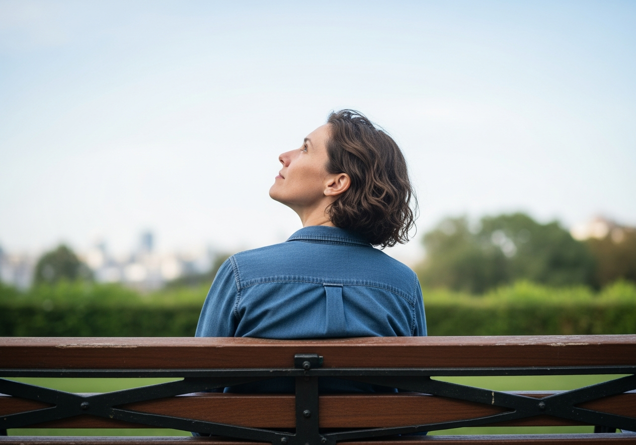 A person sitting alone on a park bench, gazing up at the sky, a serene and thoughtful expression on their face.