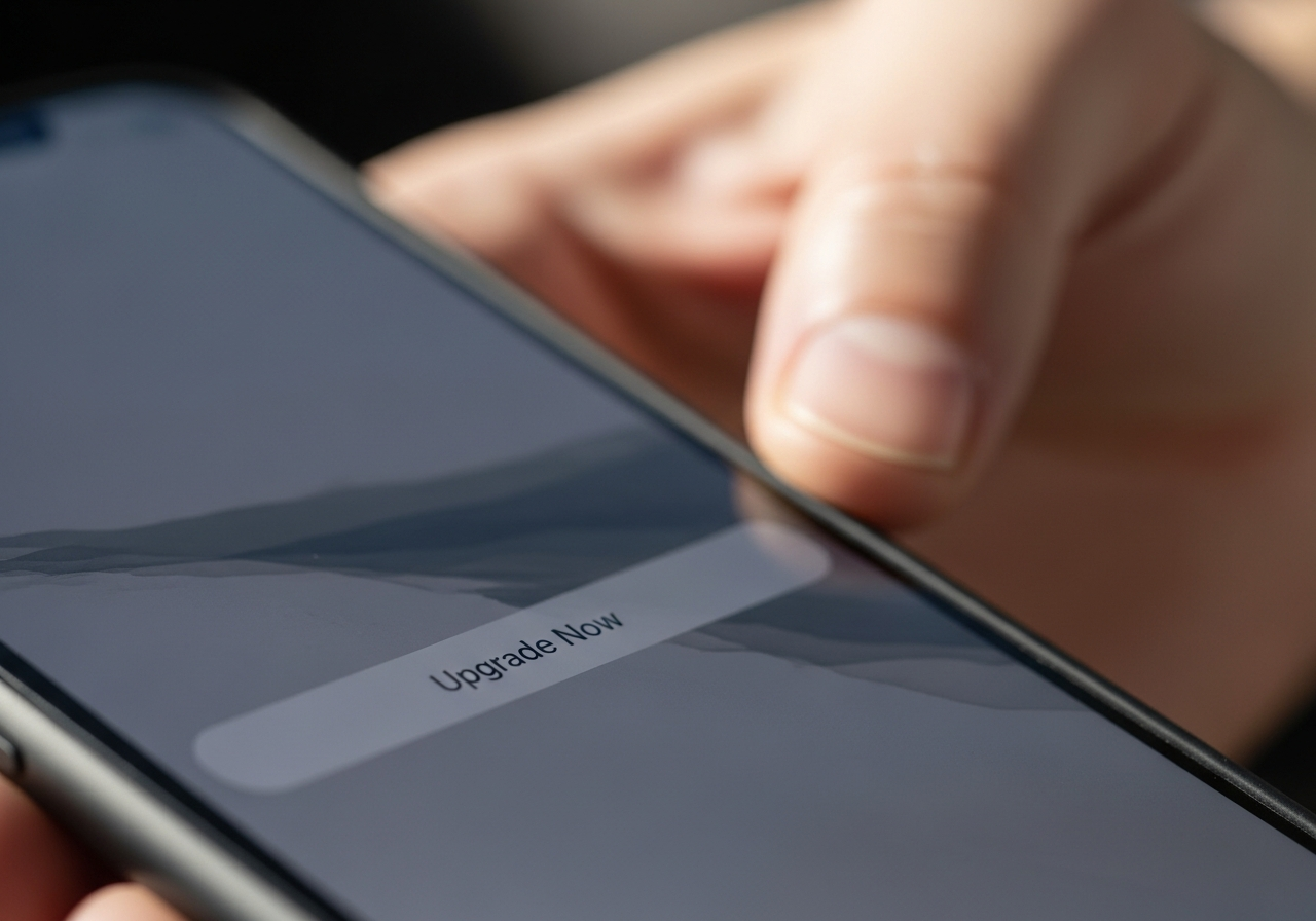 A close-up shot of a smartphone screen displaying a subtle "Upgrade Now" notification, with the background blurred to show a person's slightly tired hand holding the phone. The notification text is designed to be just visible enough to evoke a feeling of gentle pressure.