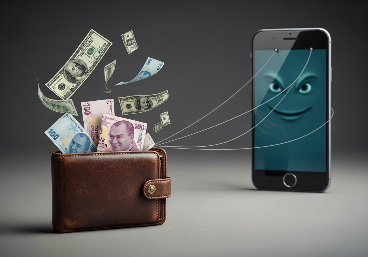 A humorous illustration depicting a person’s wallet visibly shrinking, with dollar signs (or Turkish Lira symbols) flying out, while a giant, smiling smartphone monster looms in the background, subtly pulling strings attached to the wallet.