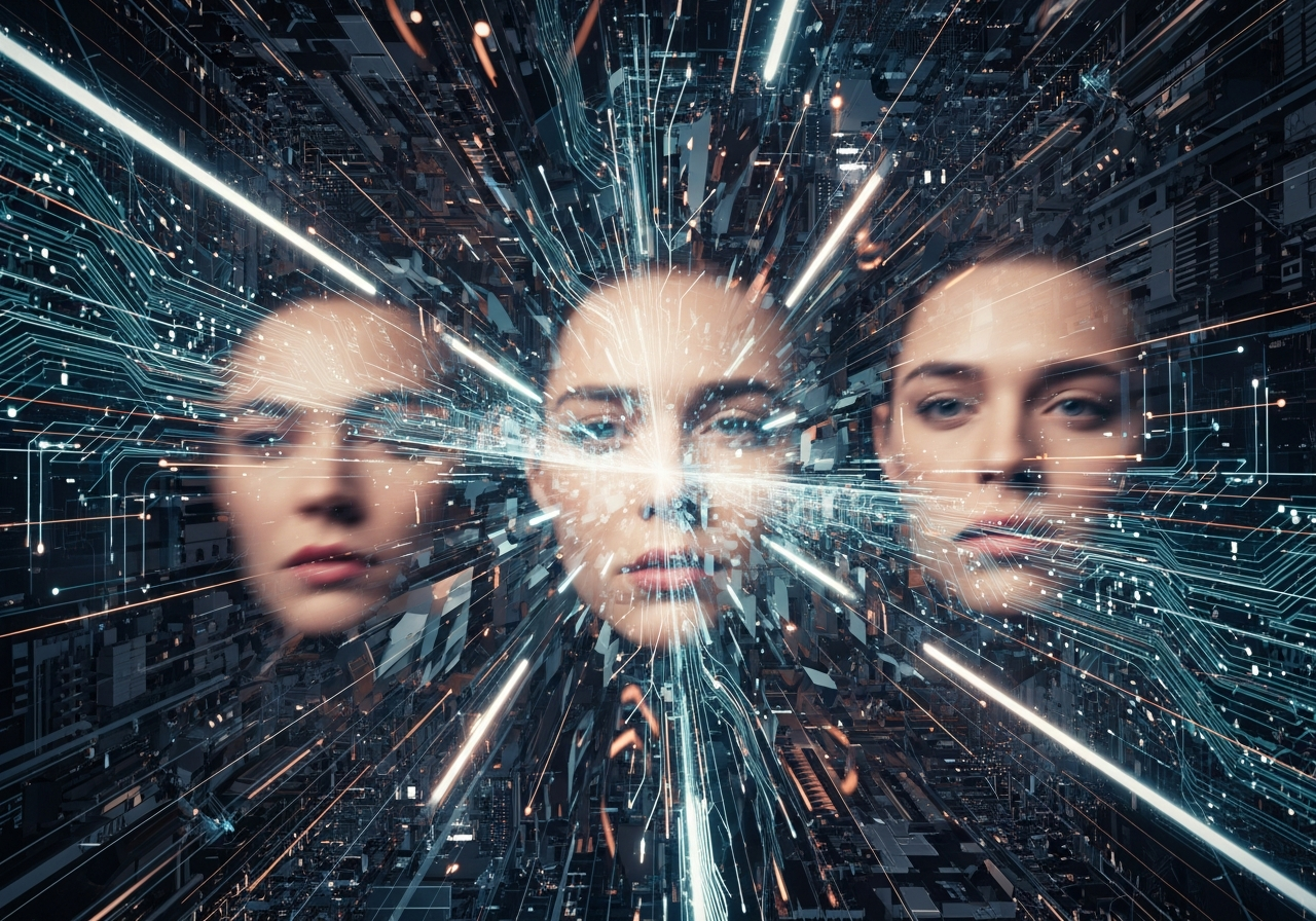 A chaotic, abstract image with blurred lines and distorted shapes, symbolizing the overwhelming and confusing nature of constant tech upgrades and marketing noise. Perhaps a blend of circuit board patterns and human faces showing slight confusion or resignation.