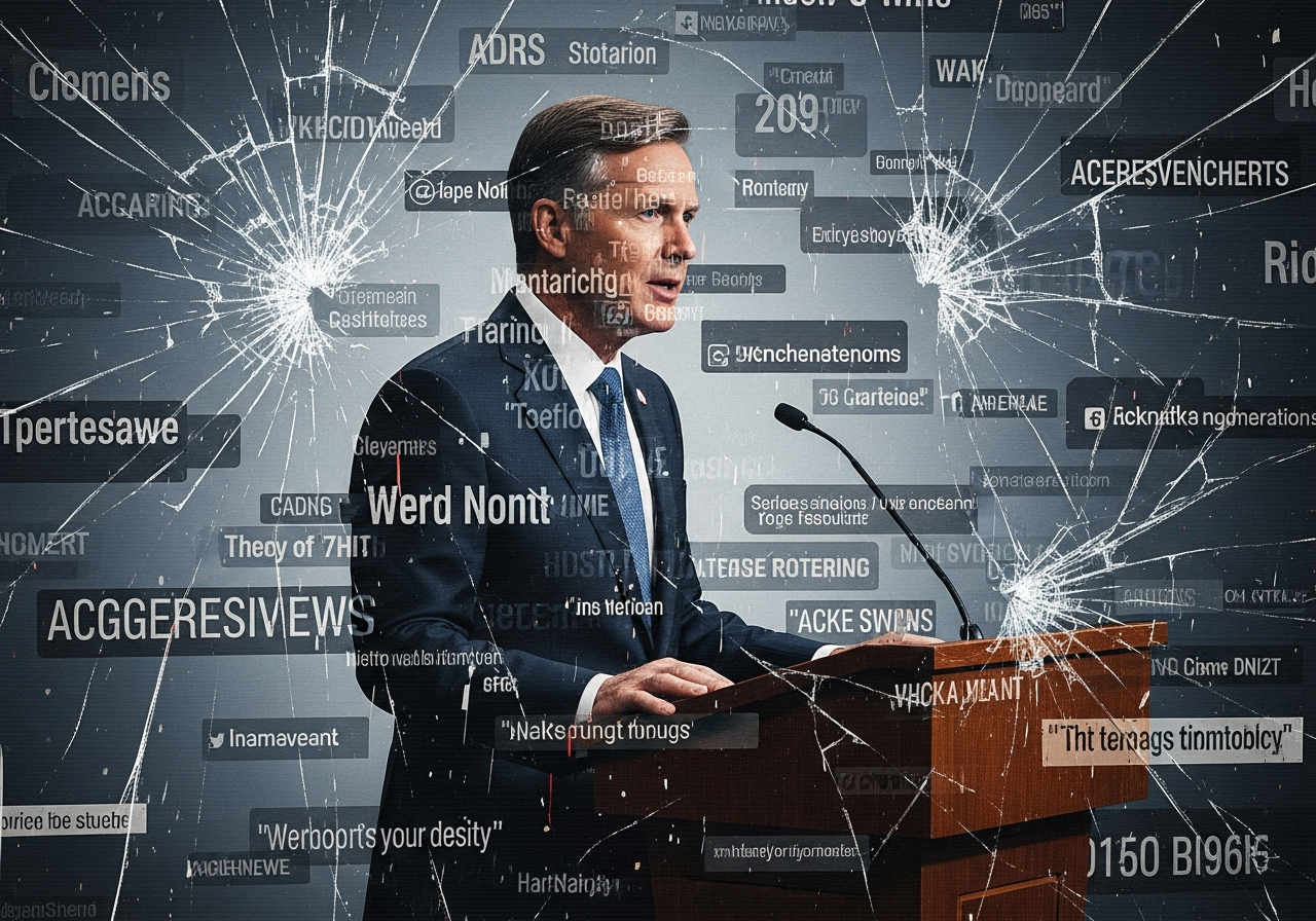 A distorted, fragmented image of a politician speaking, with various news headlines and social media comments layered over it, all pointing to skepticism and distrust. The overall feel is chaotic and disorienting, reflecting information overload and crumbling faith in authority.