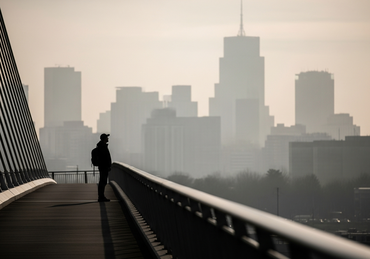 A lone figure standing on a bridge, looking out at a hazy, uncertain cityscape. The colors are muted, reflecting a sense of isolation and ambiguity. There's a feeling of searching for direction or clarity in a confusing world.