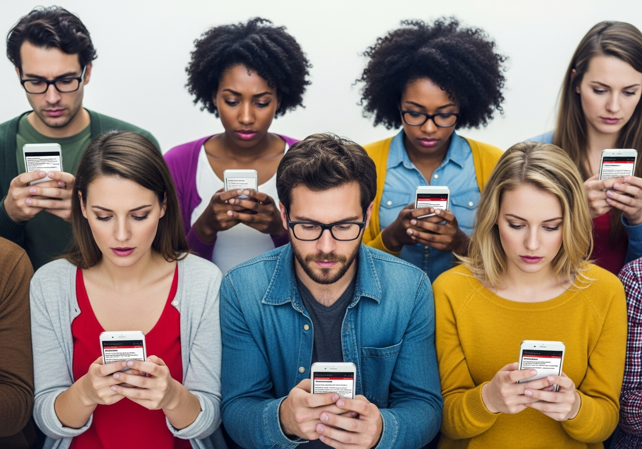 A group of diverse people looking at their individual smartphones, each screen displaying different, conflicting news headlines or social media feeds. They are in close proximity but appear disconnected, symbolizing the fractured reality and individualized consumption of information.