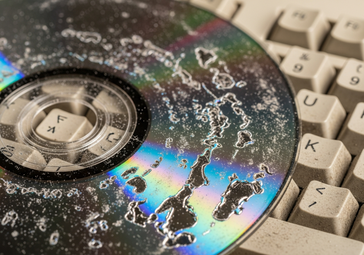 A dusty, partially corrupted CD-ROM disc, its reflective surface scratched and peeling, sitting on a vintage computer keyboard covered in dust.