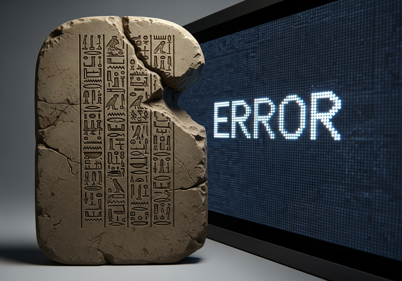 A weathered stone tablet with ancient hieroglyphs, partially eroded but still legible, contrasted with a flickering, pixelated digital screen displaying an error message.