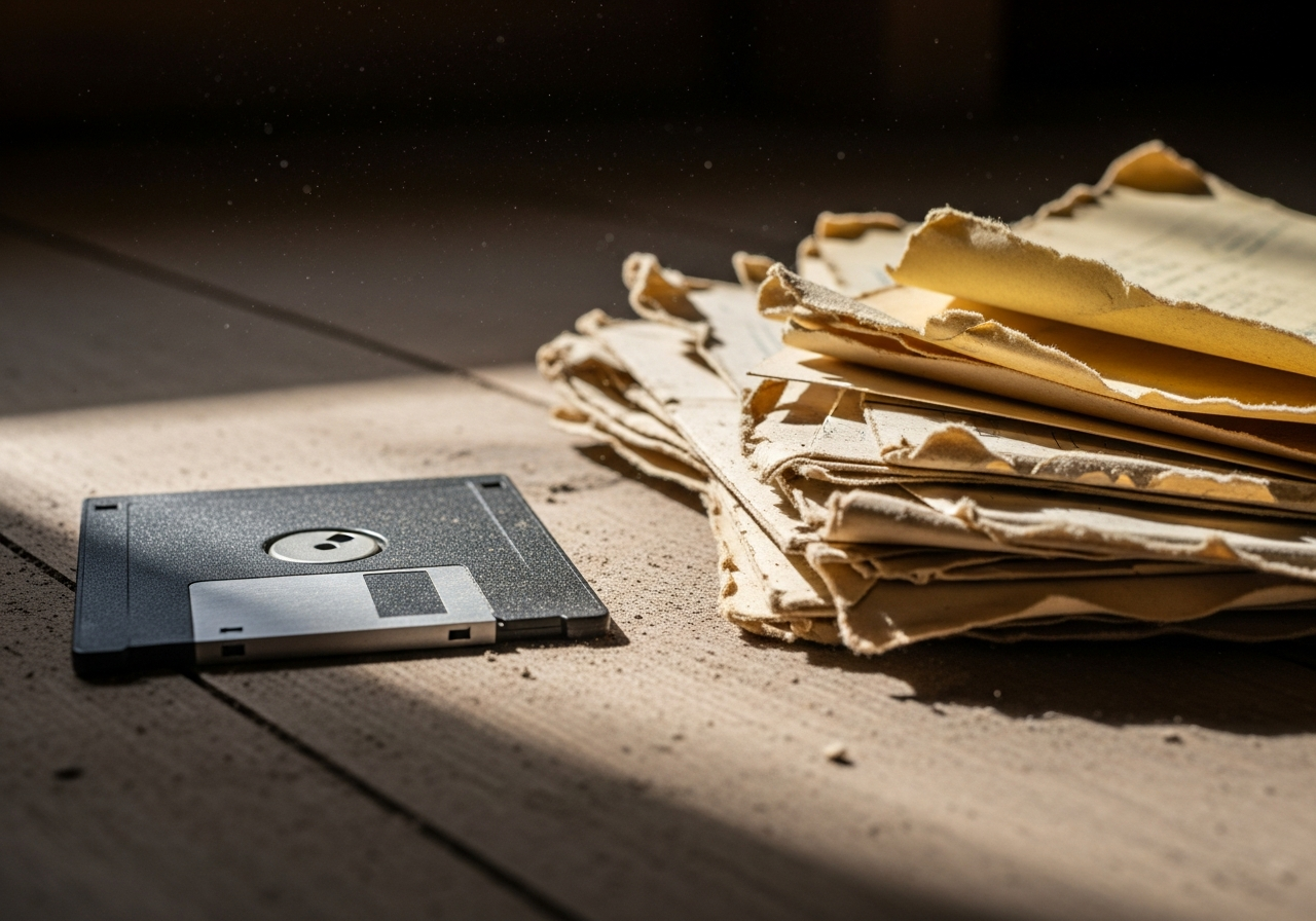 A lone, forgotten floppy disk lying in a dusty attic next to a pile of old, crumbling paper documents, suggesting the ephemeral nature of both.