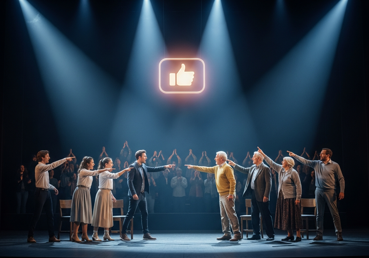 A stylized illustration depicting two distinct generational groups, one younger and one older, standing on a theatrical stage under bright spotlights. They are gesturing dramatically at each other, while a faceless, shadowy audience in the background applauds enthusiastically. A large social media "like" button icon hovers above the stage, glowing.