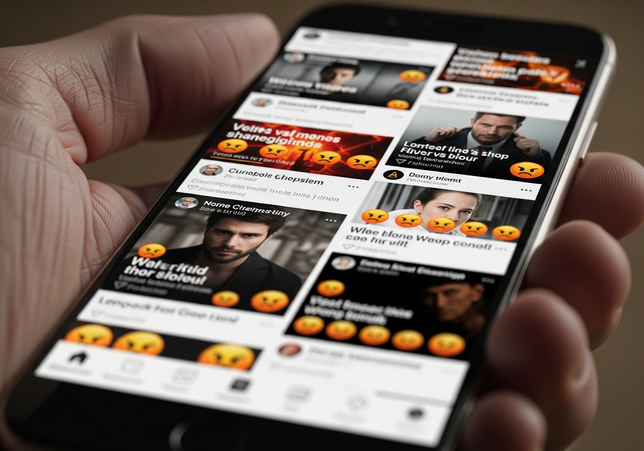 A close-up, slightly blurry shot of a smartphone screen displaying a chaotic social media feed. Various posts with aggressive, contrasting headlines and angry emojis are visible, mixed with rapidly scrolling text. The hand holding the phone is visible, looking tired.