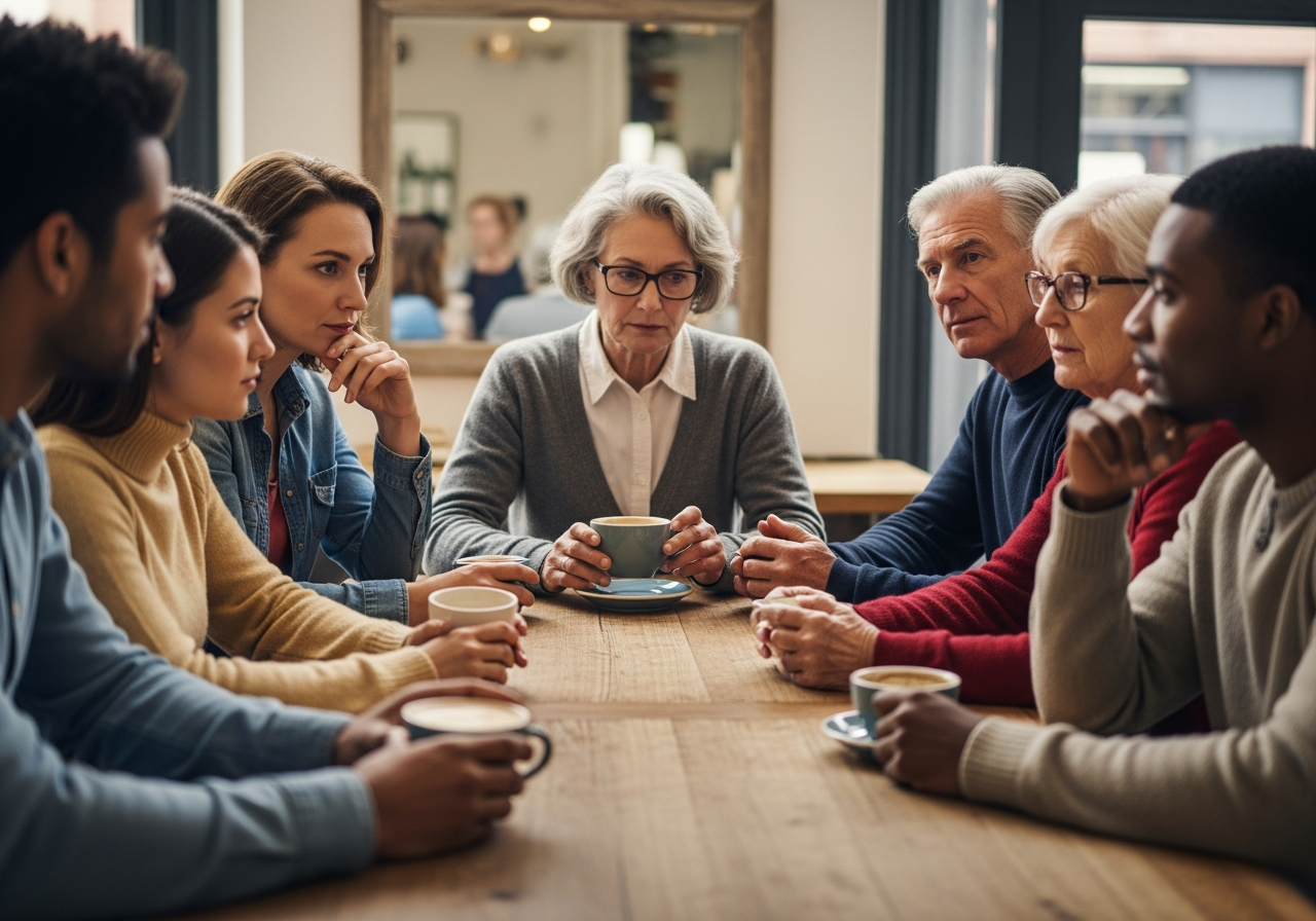 A group of diverse people, young and old, sitting around a large, slightly worn wooden table in a cafe, engaged in earnest, quiet conversation. They are drinking coffee and tea, and some are gesturing thoughtfully. The atmosphere is warm and inviting, in contrast to the previous visuals.