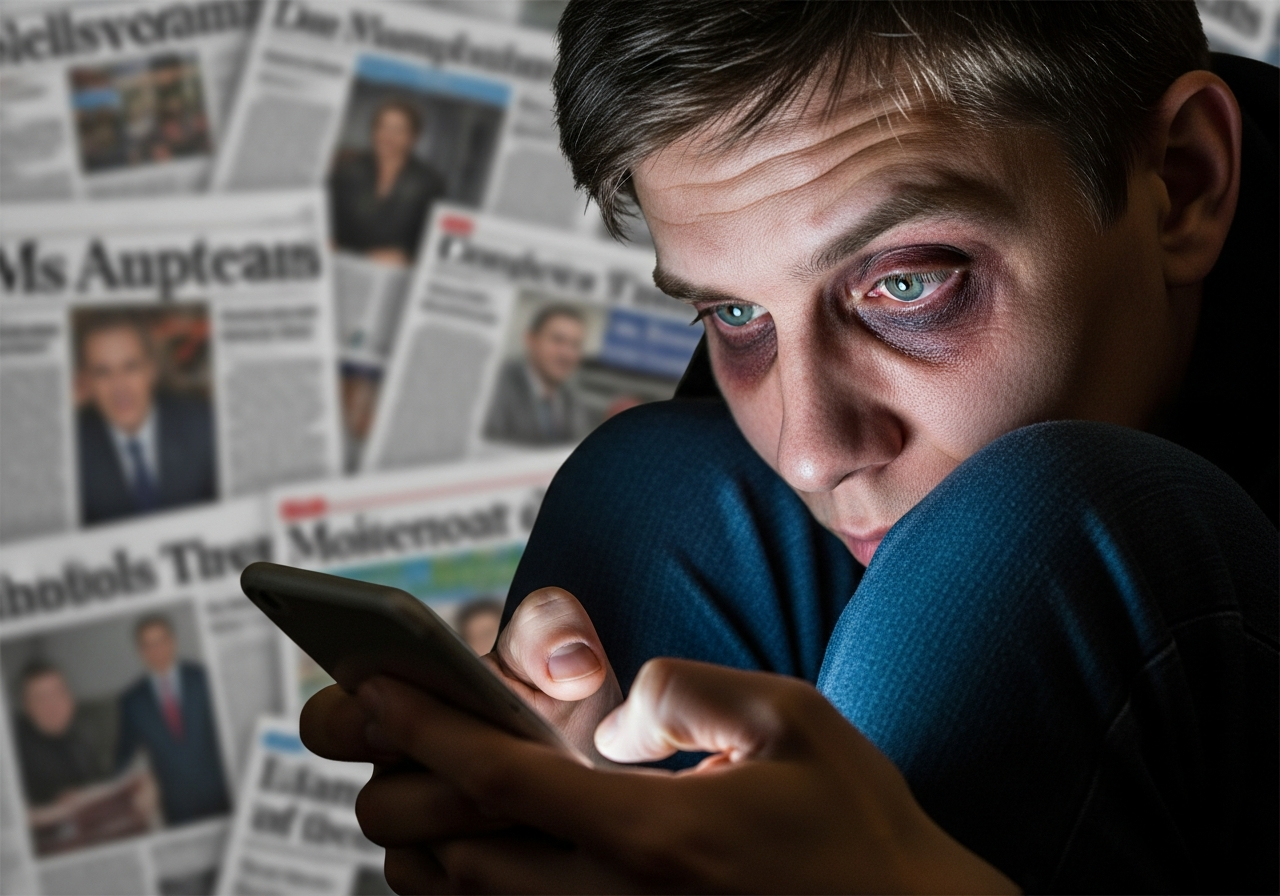 A worn-out person with tired eyes, slumped over a smartphone, with a chaotic collage of newspaper headlines blurring in the background, conveying exhaustion and information overload.