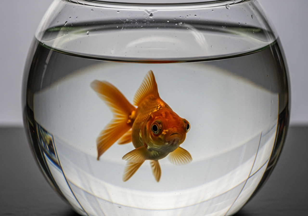 A close-up shot of a goldfish swimming in circles in a small, round fishbowl. The fish's expression is slightly dazed, and the water is a bit cloudy.