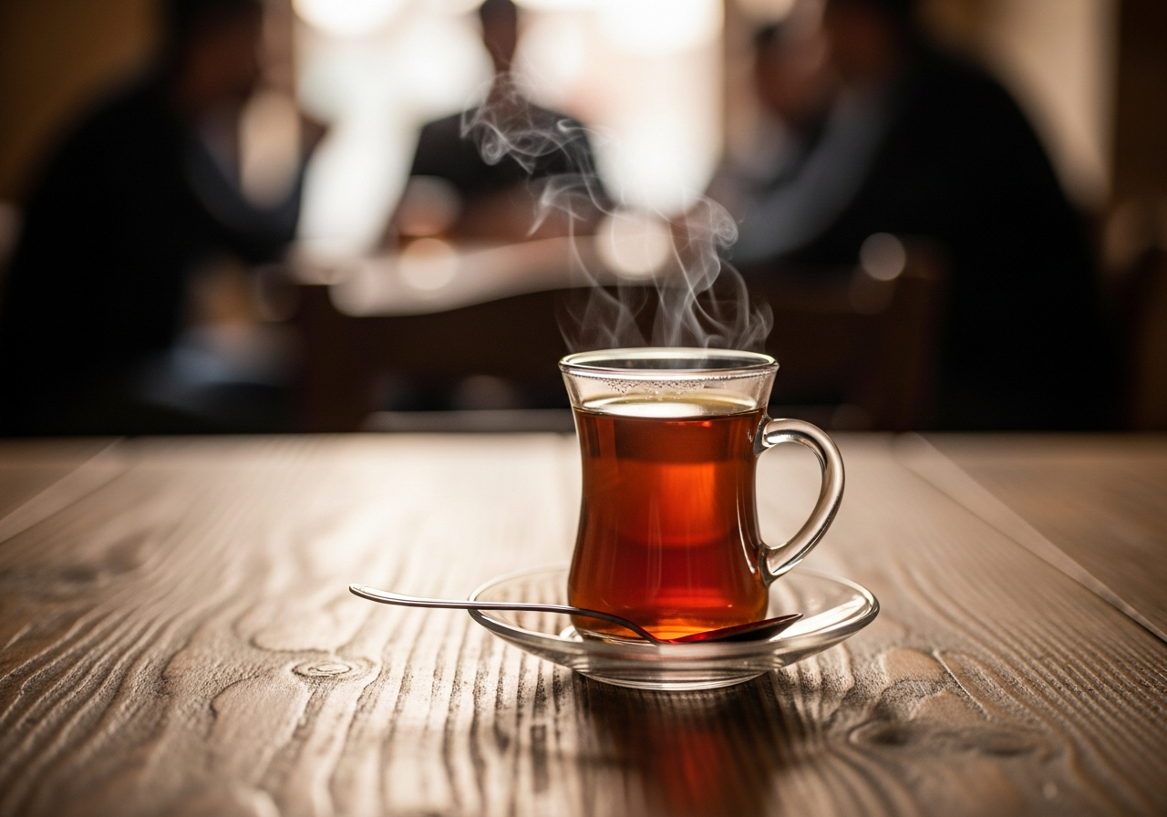 A close-up of a steaming cup of Turkish tea on a rustic wooden table, with blurry figures in the background suggesting a quiet, contemplative moment.