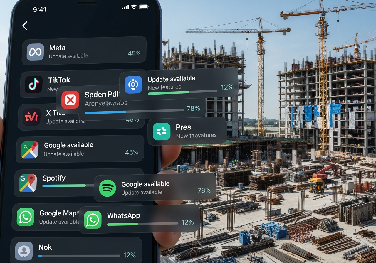 A smartphone screen filled with endless app update notifications, some with progress bars stuck, overlaying a background image of a chaotic construction site with scaffolding and cranes.
