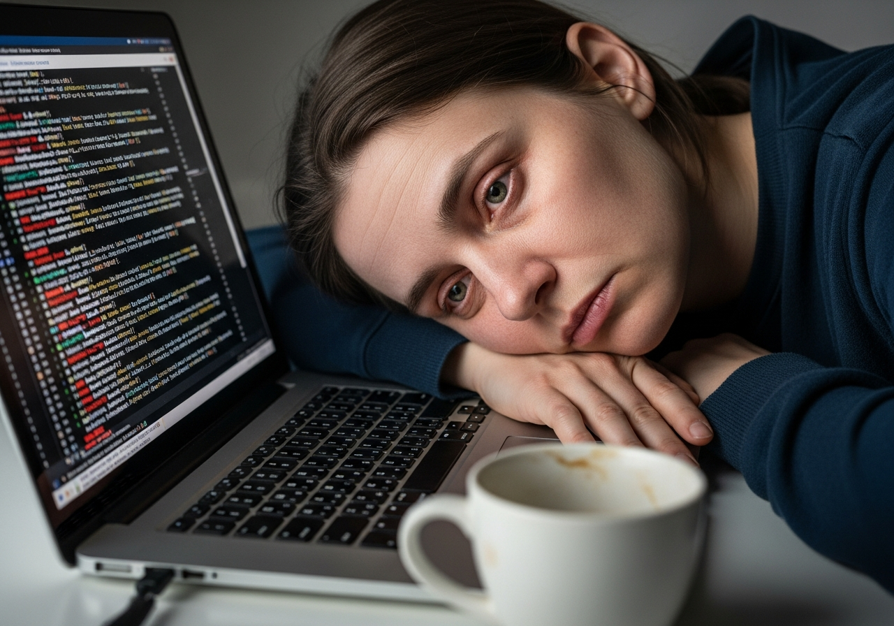 A very tired person staring blankly at a computer screen full of complex code and error messages, coffee cup empty, showing signs of digital fatigue and mental exhaustion.