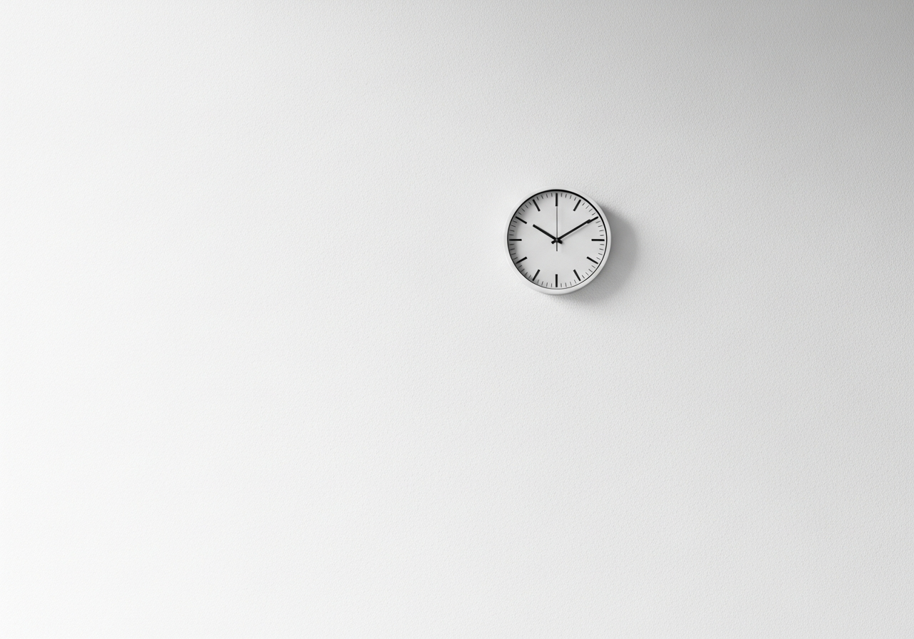 A minimalist, clean white wall with a single small, perfectly placed, simple clock, contrasting sharply with the earlier images of chaos and complexity, symbolizing a desire for simplicity and stability.