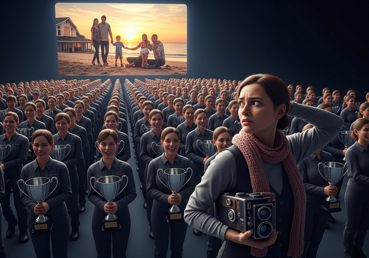 A surreal painting depicting a crowd of identical, smiling figures wearing the same clothes and holding identical "success" trophies, walking in a single file line towards a gigantic, glowing screen displaying a perfectly curated "happy life" image. In the foreground, a single, slightly blurry figure turns their head, looking confused and a little sad, holding a worn, unique object like an old camera or a hand-knitted scarf.