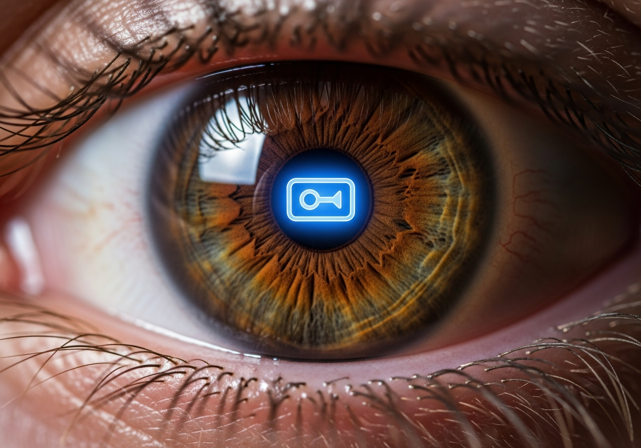 A close-up shot of a human eye, but instead of a reflection of the world, the pupil contains a tiny, stylized digital "like" button icon, subtly glowing with a blue light.