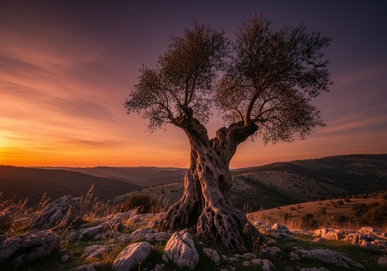 A single, gnarled, ancient olive tree standing defiantly on a rocky, windswept hill, silhouetted against a dramatic sunset. Its branches are twisted and unique, bearing fruit, contrasting with the smooth, unblemished landscape.