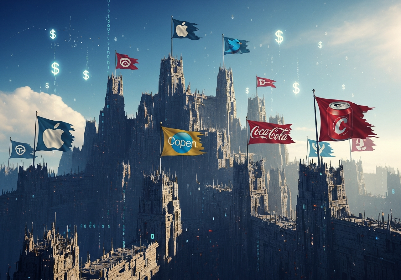 A digital fortress with cracked walls, and corporate logos subtly replacing the original open-source flag banners on top of the towers, with dollar signs faintly visible in the background sky.