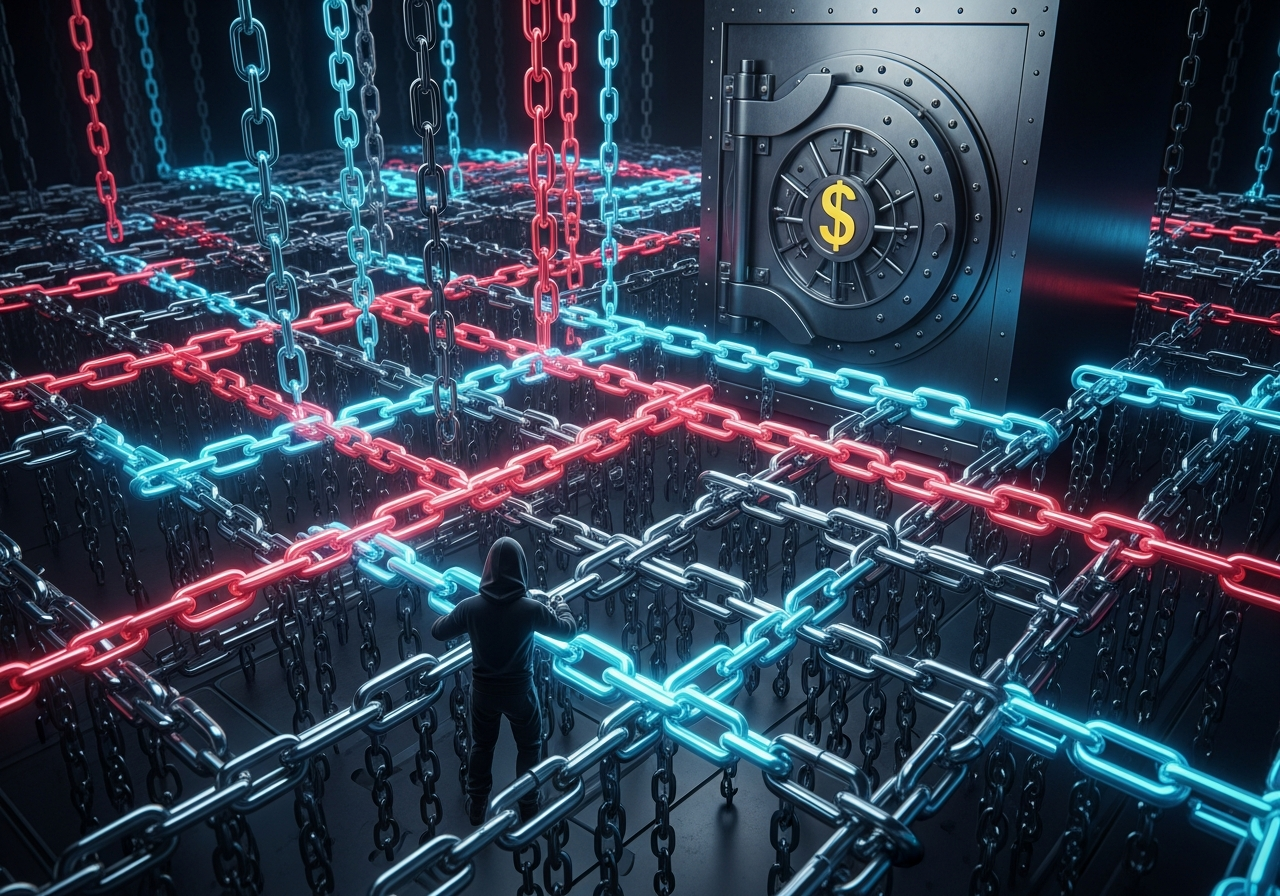A maze of intertwined digital chains, some glowing with corporate brand colors, leading towards a vault with a dollar sign on its door. A small, lone hacker figure tries to navigate it.
