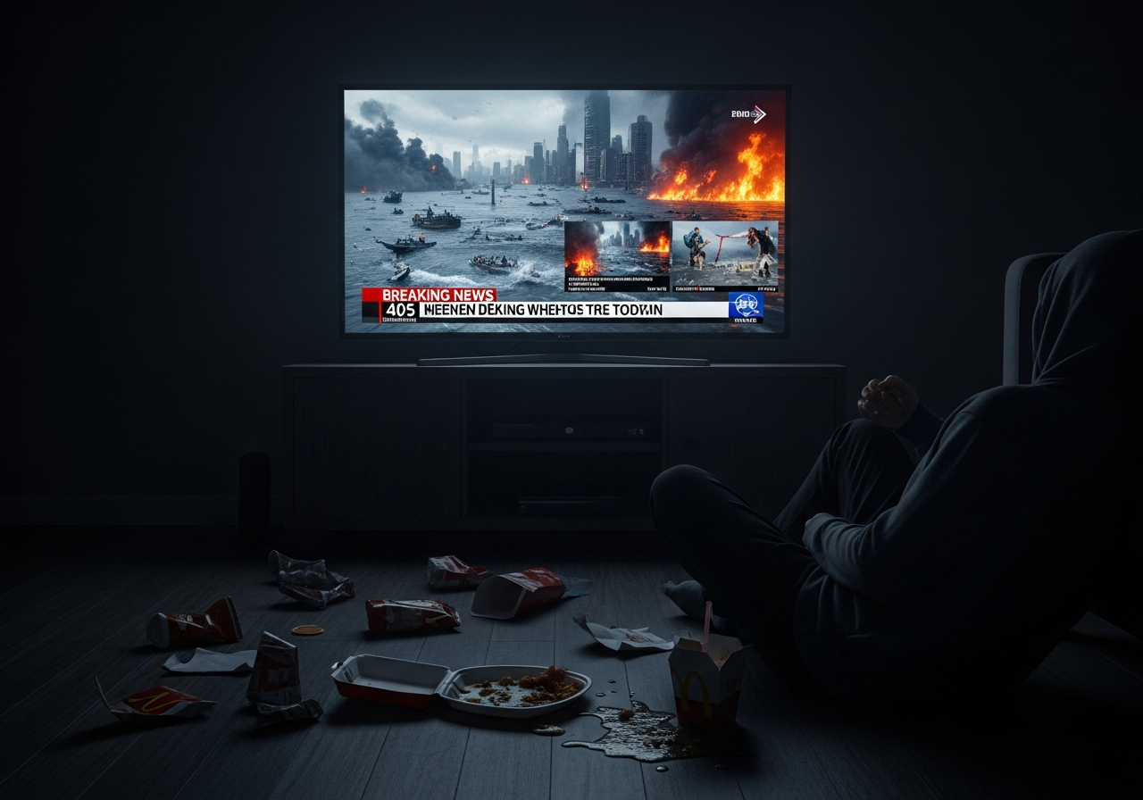 A person sits alone in a dimly lit room, illuminated by the cold glow of a large television screen displaying a chaotic news report of a natural disaster, while the room around them is filled with empty snack wrappers and a half-eaten meal, symbolizing passive consumption of doom.