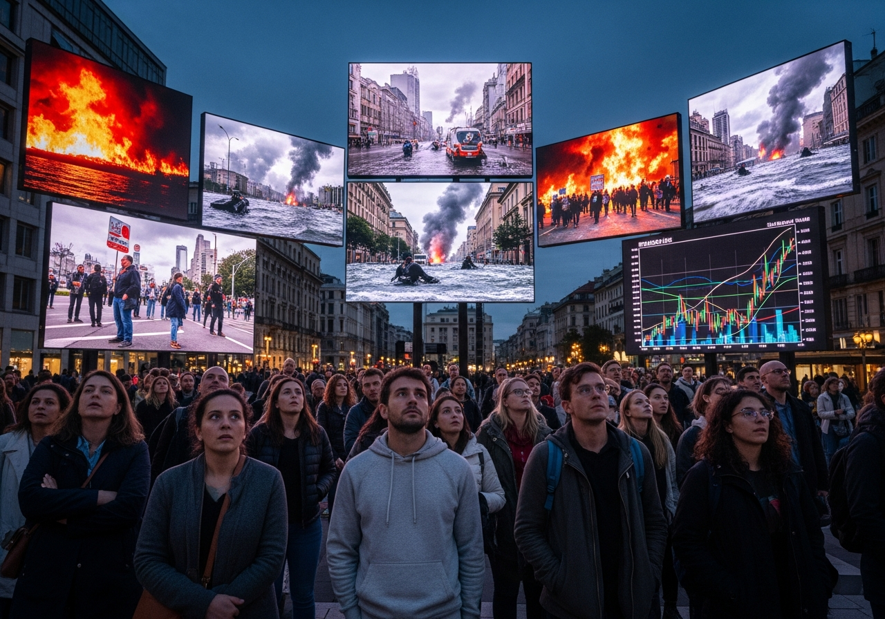 A group of people stand fixated, almost hypnotized, by numerous large screens in a public square, each screen displaying a different catastrophic event (flooding, wildfires, protests, economic collapse), their faces reflecting a mix of fear and strange fascination, but no visible urge to act.