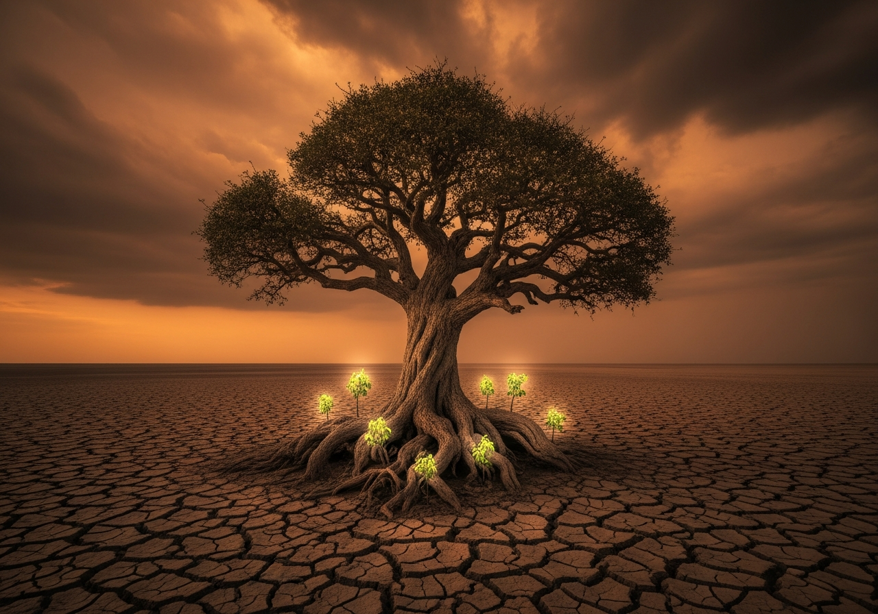 A single, ancient, gnarled tree stands defiantly in a desolate, cracked landscape under a perpetually stormy, dark orange sky, with small, weak saplings struggling to grow around its base, symbolizing a glimmer of fragile hope amidst overwhelming despair.