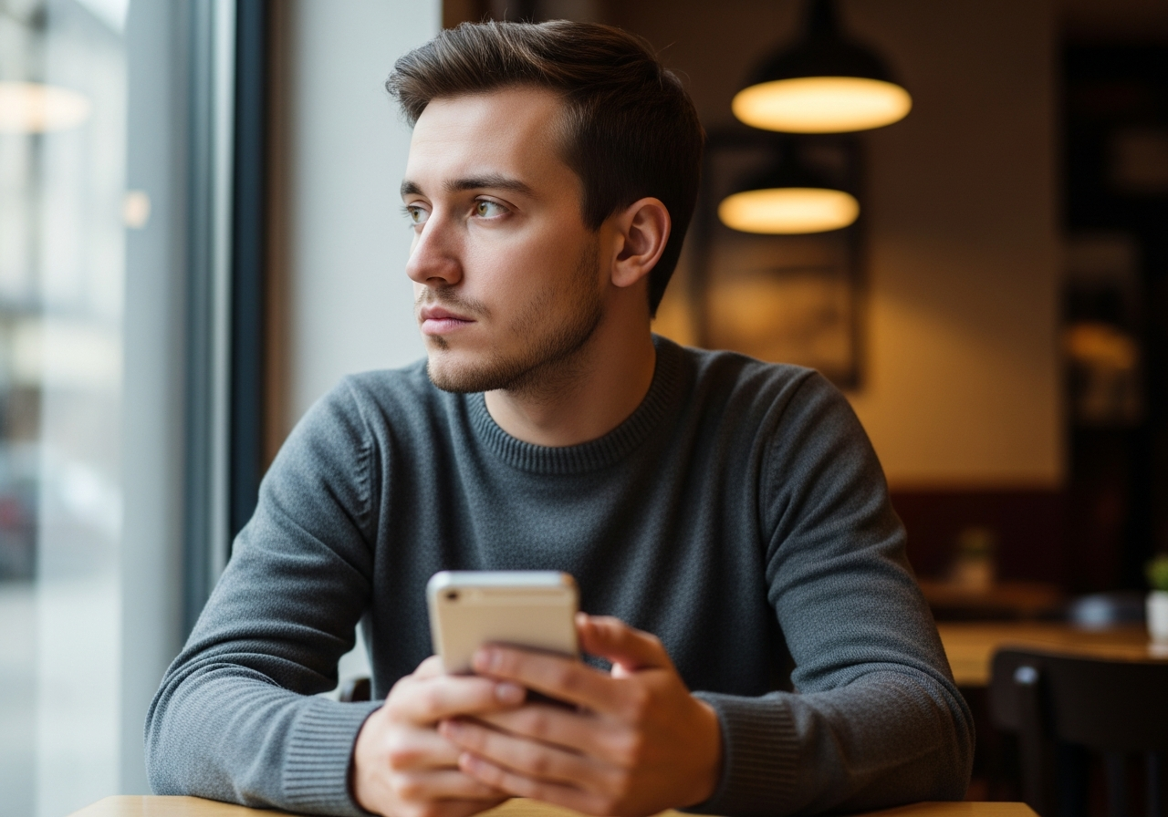 A person sitting alone in a cafe, looking thoughtful, with a smartphone in hand but not interacting with it, instead staring out the window, perhaps with a slightly melancholic expression. The cafe is warm but slightly out of focus, emphasizing the person's internal world.