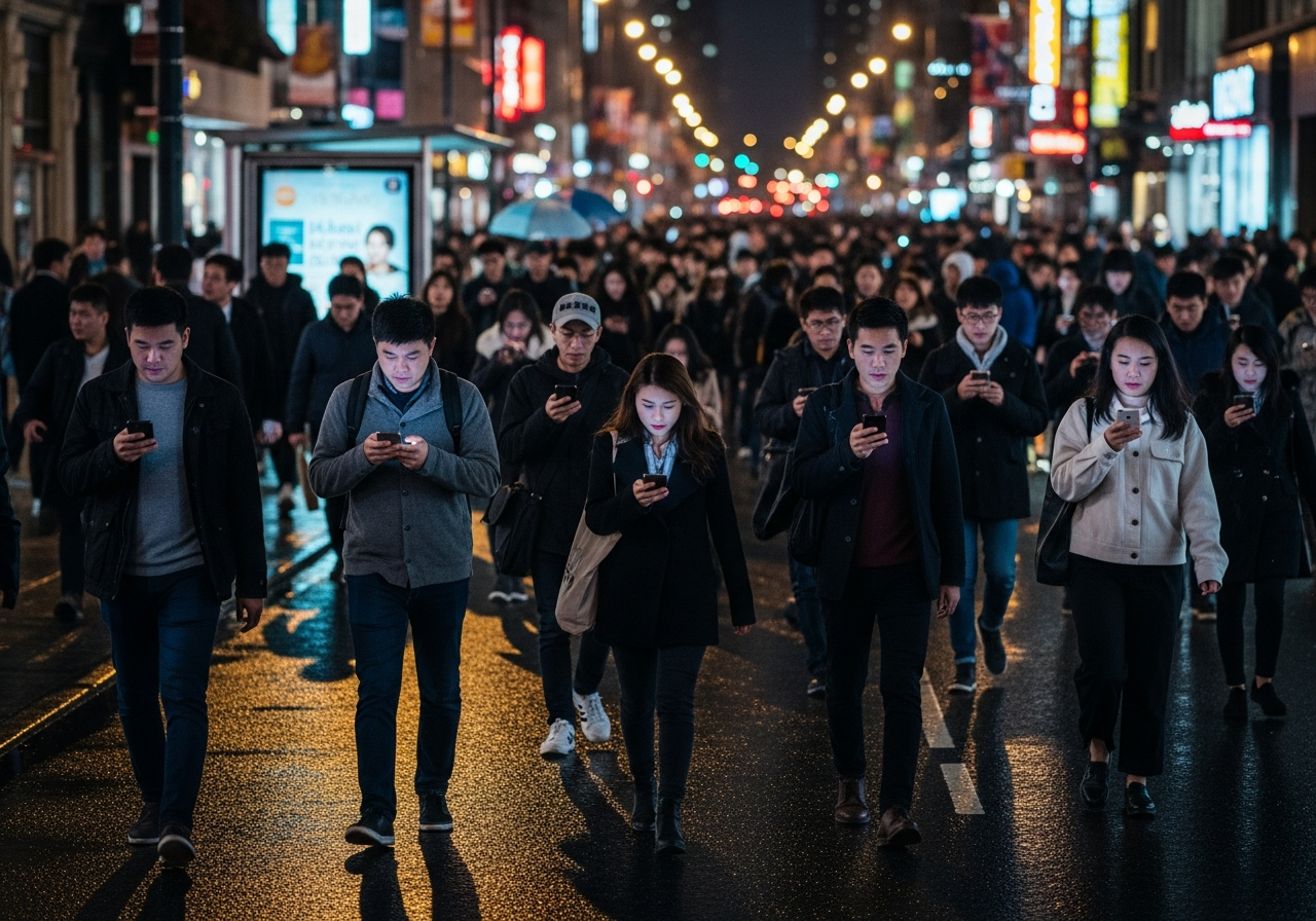 A crowded city street at night, with people absorbed in their glowing smartphones, their faces illuminated by the screens, a sense of collective distraction.