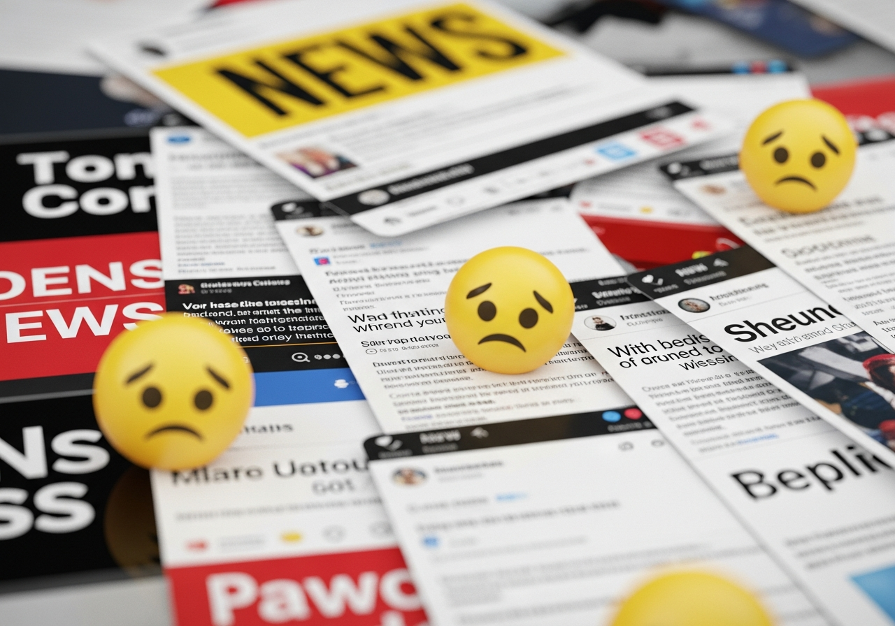 A fragmented collage of news headlines, social media feeds, and sad emojis, all blurring together into a chaotic and overwhelming visual.