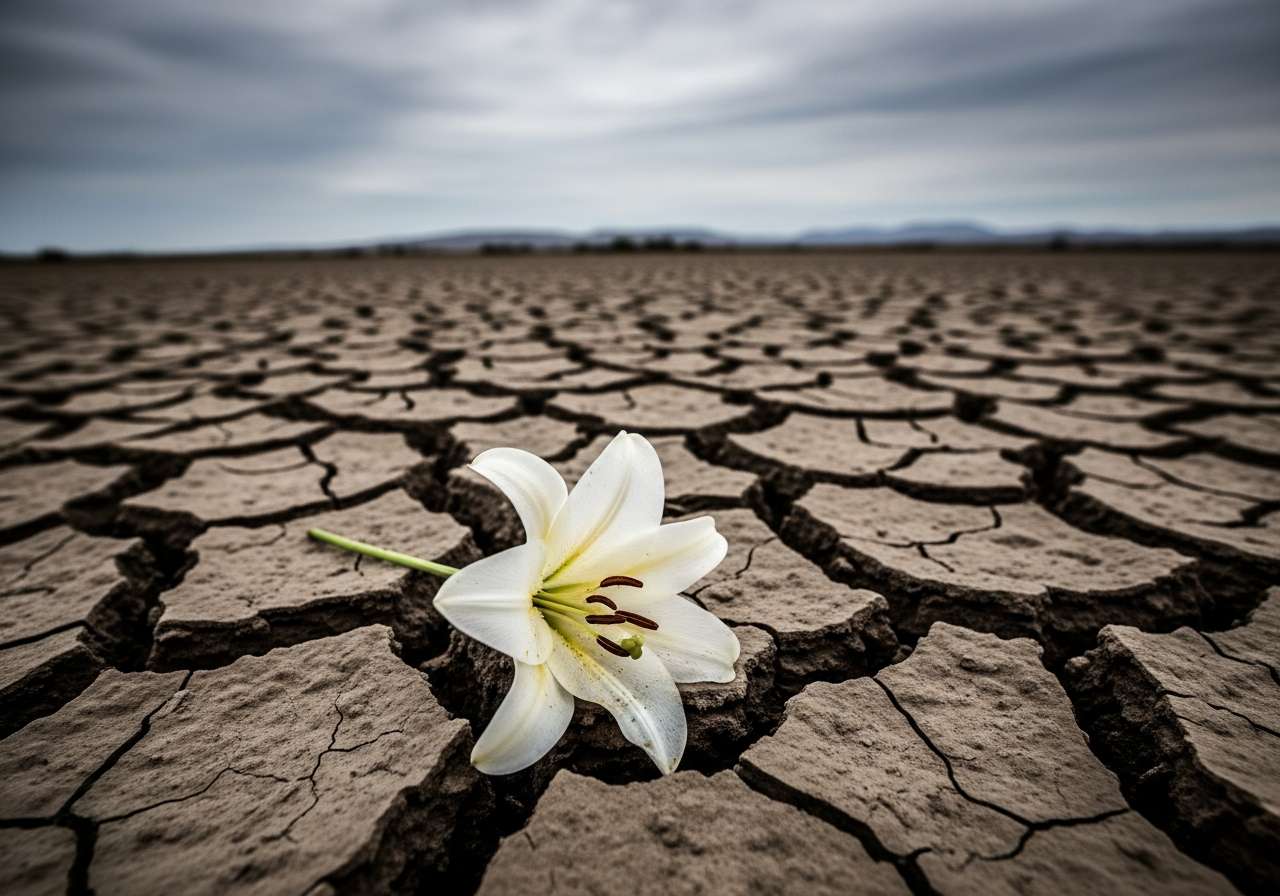 A single, wilting flower placed delicately on a cracked and arid ground, symbolizing forgotten or overlooked suffering amidst a desolate landscape.