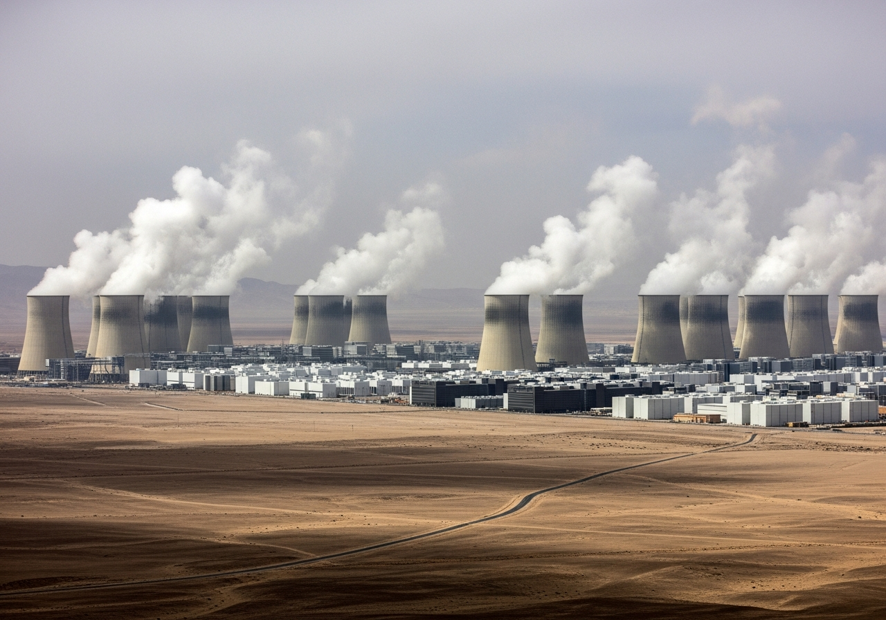 A vast data center complex in a barren, arid landscape, with large cooling towers emitting steam against a hazy, polluted-looking sky. The scale is immense, dwarfing a small, barely visible access road.