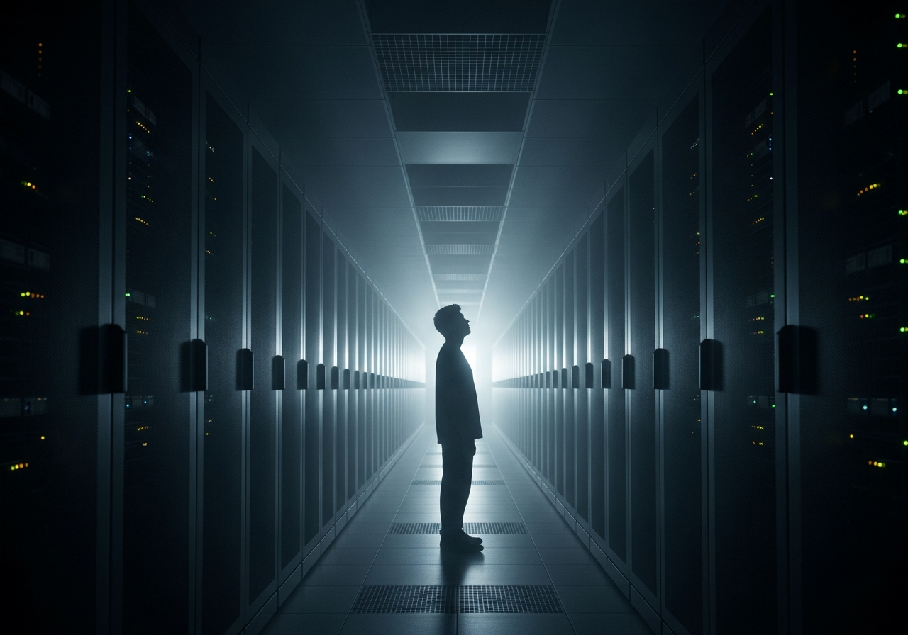 A solitary person standing in a dimly lit server room, surrounded by rows of glowing server racks stretching into the distance. The air seems thick with heat and the hum of machinery, creating a somewhat oppressive atmosphere.