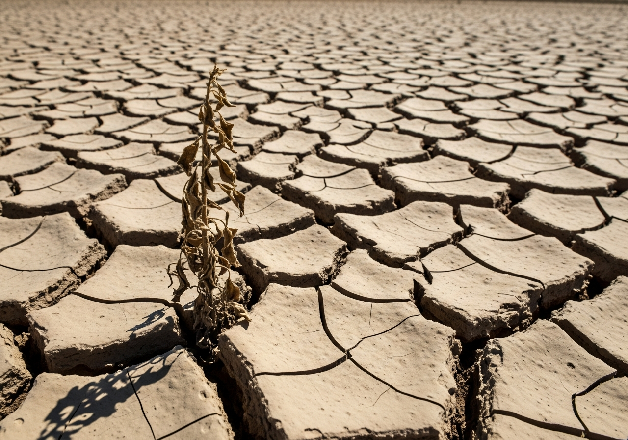 A close-up of a cracked, dry desert floor under a scorching sun, with a single wilting plant struggling to survive in the foreground, symbolizing environmental decay and human inaction.