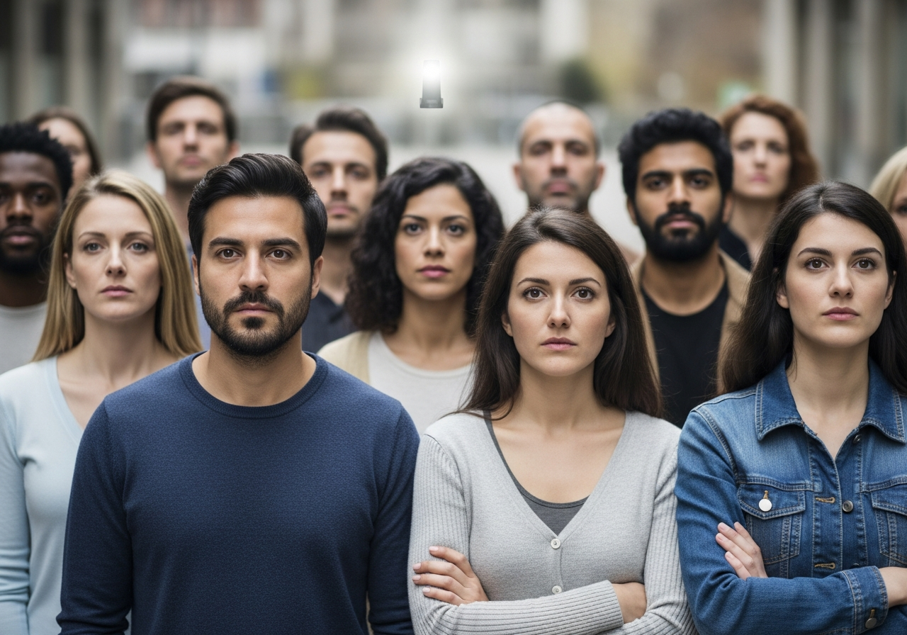 A diverse group of people, young and old, from different backgrounds, standing passively with blank, uninspired expressions, watching a small, distant light, symbolizing a lack of collective action despite available solutions.