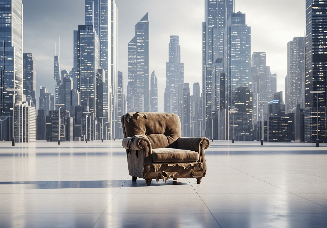 A single, old, worn-out armchair in the middle of a vast, empty, futuristic cityscape, suggesting human comfort and inertia amidst technological progress and societal challenges.