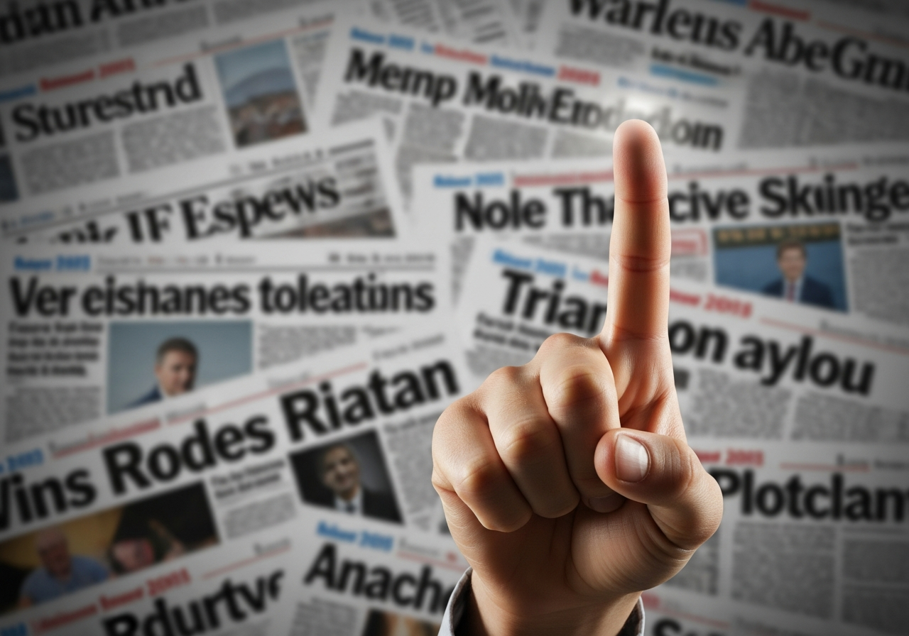 A blurry, chaotic image of overlapping newspaper headlines from different days, creating a visual noise, with a single finger about to press an invisible "reset" button in the foreground.