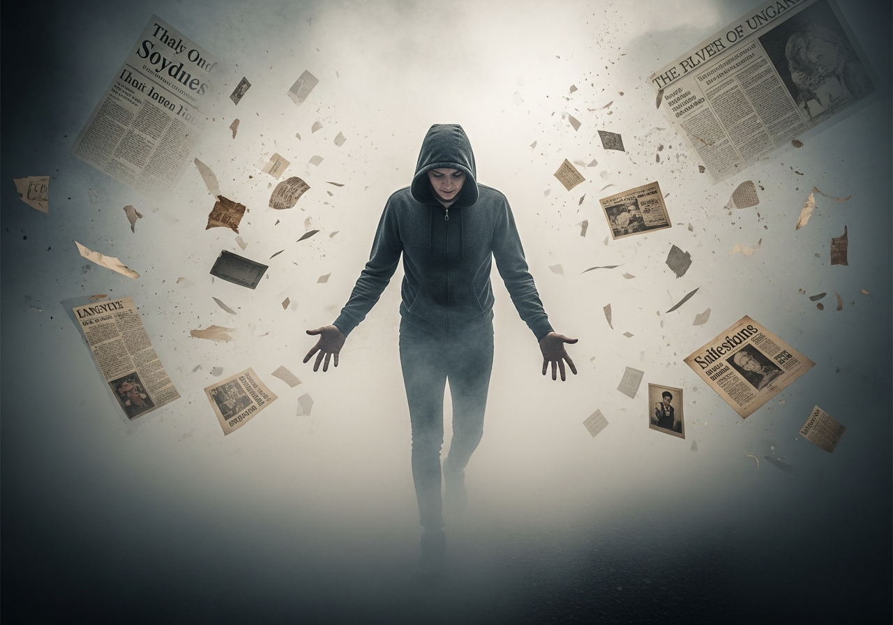A person walking through a dense fog, hands outstretched, trying to remember something, with faded, indistinct images of old newspapers floating in the mist.