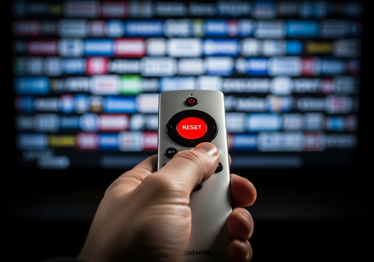 A hand holding a remote control with a single, large, glowing "RESET" button, aimed at a blurry television screen displaying various news channels.