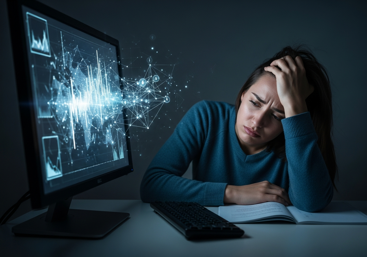 A student with a frustrated expression sits in front of a glowing screen, which displays abstract, interconnected data points instead of traditional learning material. The room is dim, suggesting isolation.