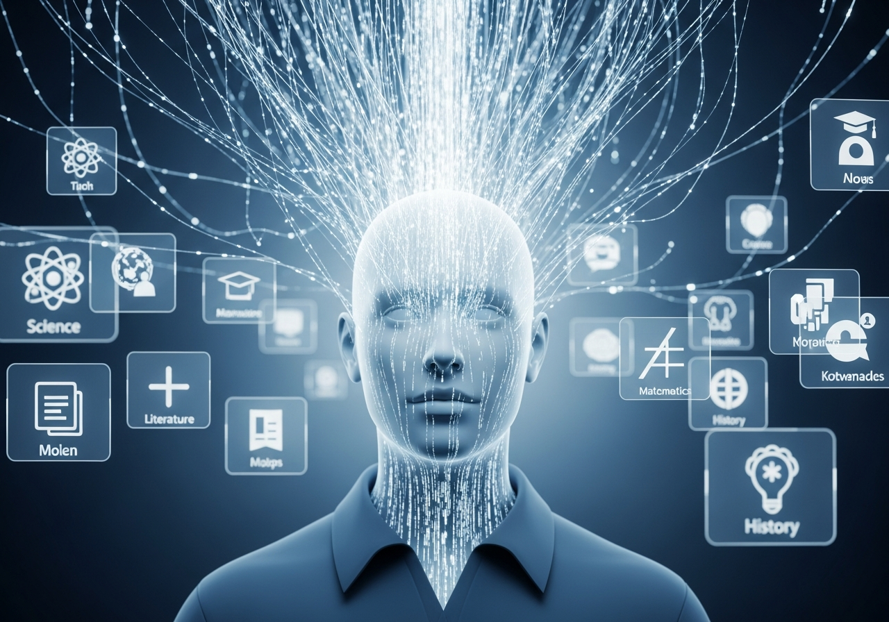 A complex network of glowing data lines converges on a single, idealized student avatar, which is surrounded by neatly categorized educational content modules. The avatar lacks individuality.