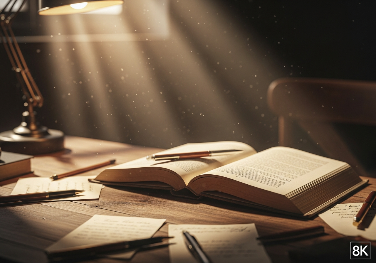 An old-fashioned, worn textbook lies open on a wooden desk, surrounded by scattered pens and handwritten notes. Sunlight streams through a window, illuminating dust motes in the air, creating a nostalgic, warm atmosphere.