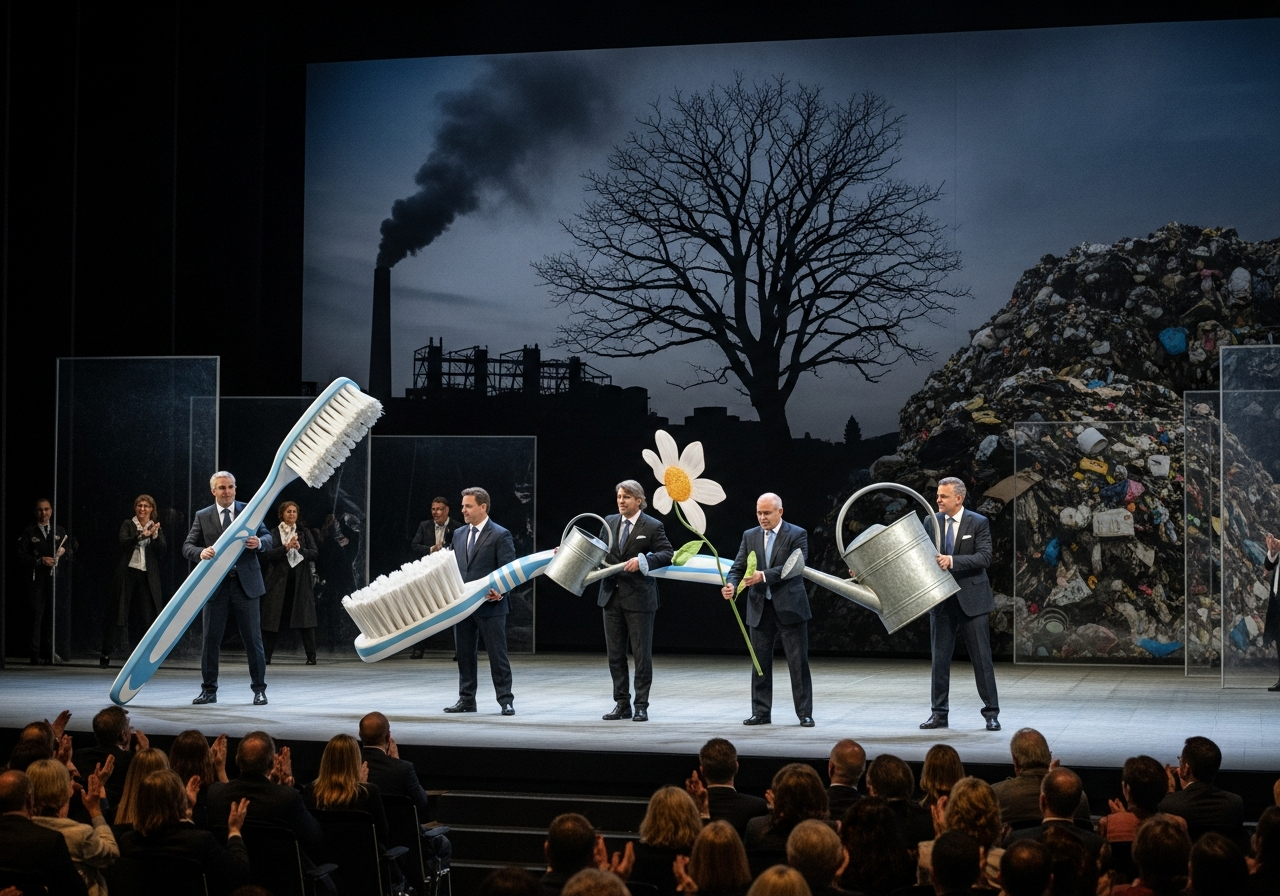 A crowded theater stage with spotlights, but instead of actors, there are people in suits holding oversized props like a giant toothbrush, a tiny watering can, and a single, wilted flower. The audience is clapping enthusiastically, some with glazed eyes, while behind the flimsy stage set, real, massive problems (a smoking factory, a dying tree, a huge pile of trash) loom unnoticed in the shadows. The atmosphere is one of superficial celebration masking deeper neglect.